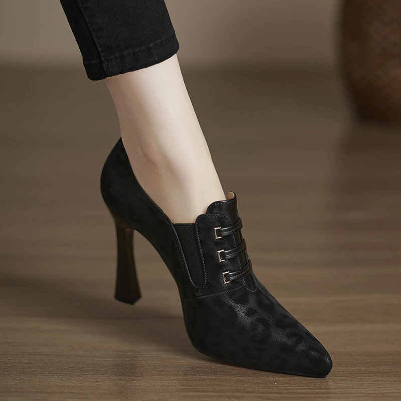 小个子增高10cm新款高跟鞋细跟豹纹尖头深口单鞋拼接防水台不累脚