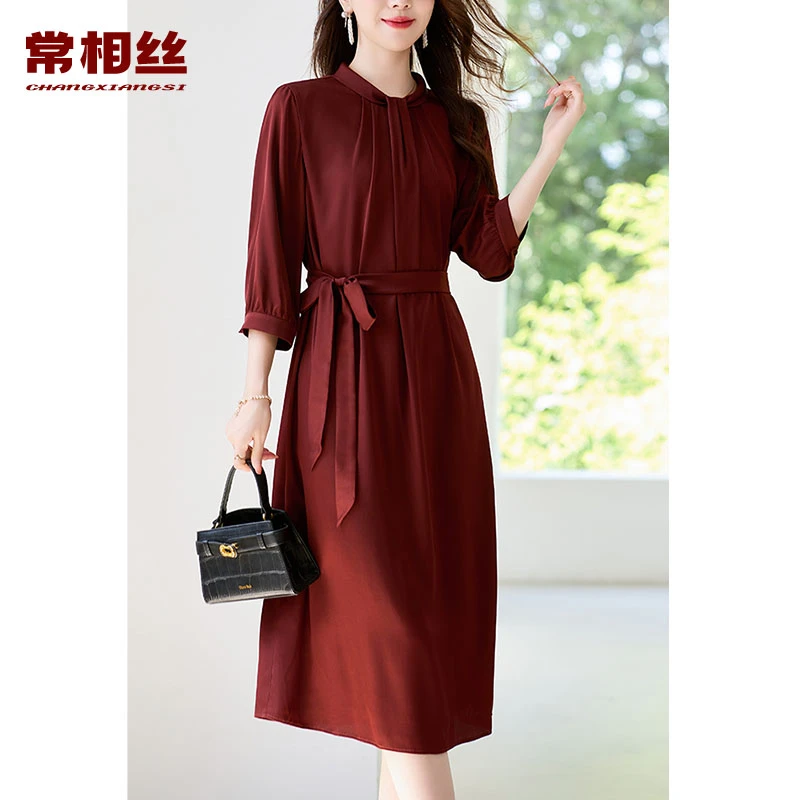 桑蚕丝连衣裙圆领套头玫瑰红连衣裙礼服秋季婚礼夏季酒红色结婚