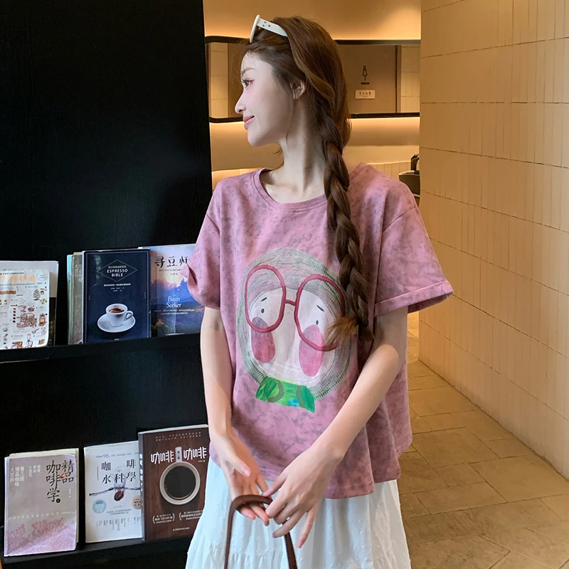卡通印花扎染短袖女t恤2025新款宽松韩版慵懒百搭半袖体恤上衣