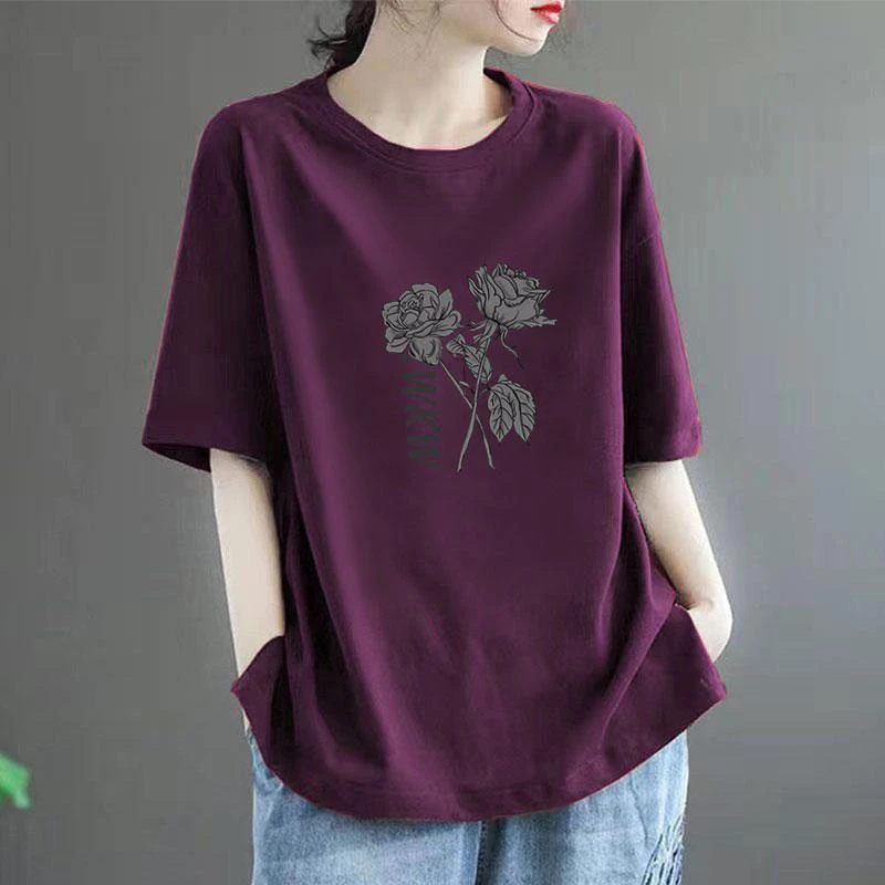 【高品质纯棉】夏季宽松大码中长款百搭印花短袖简约显瘦圆领T恤女