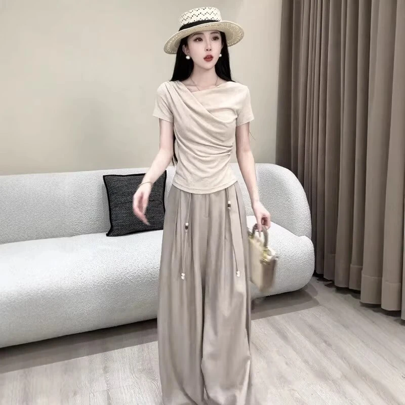 B490+B491夏季韩系高级感气质减龄套装短袖T恤阔腿裤两件套装女