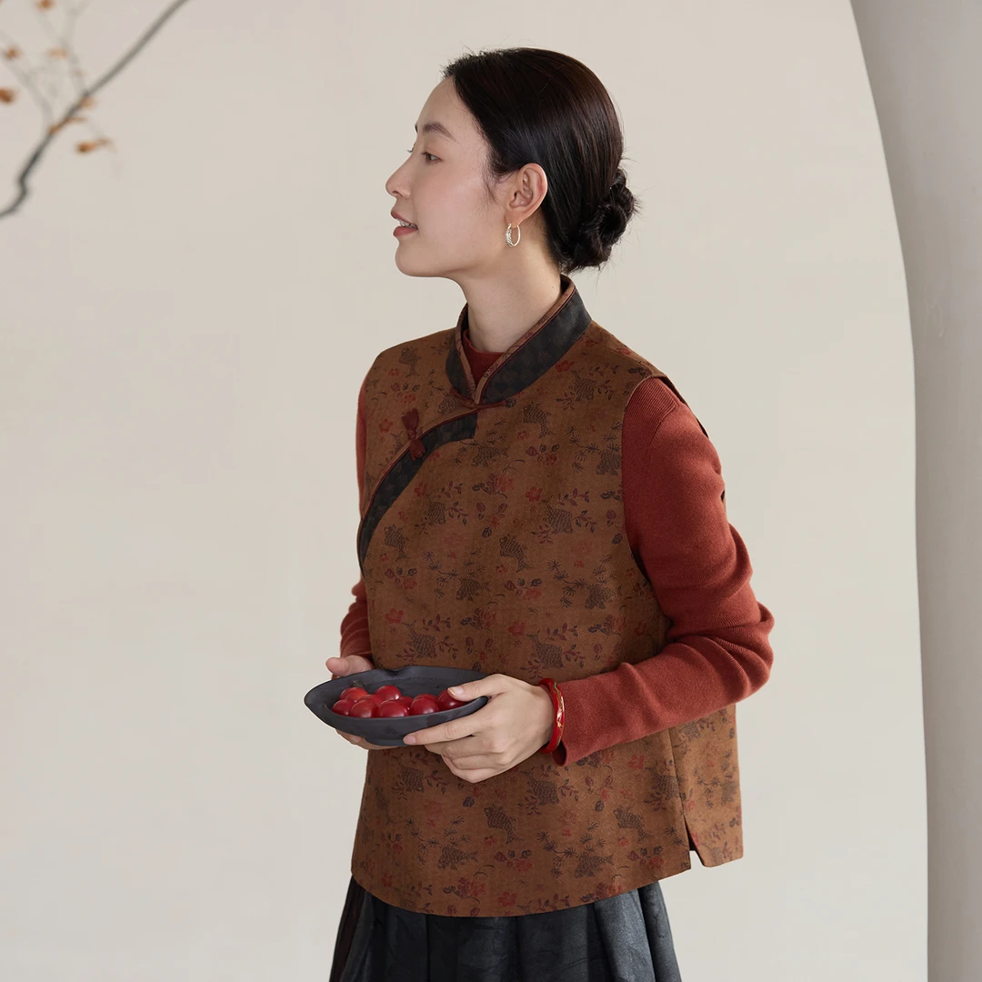 【鱼传尺素】吉祥羽儿原创55MM色织真丝羊毛香云纱复古叠穿马甲