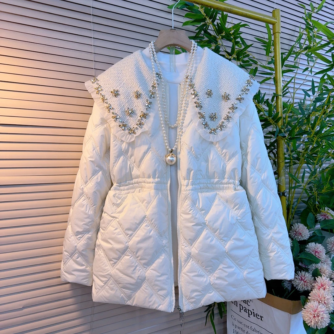 0150胖mm欧货韩系小香风镶钻刺绣娃娃领收腰显瘦减龄冬季棉服外套