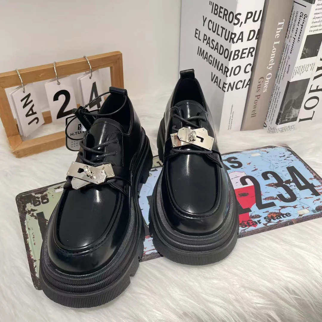 1108 英伦风黑色系带小皮鞋女款新款春秋单鞋子爆款厚底鞋