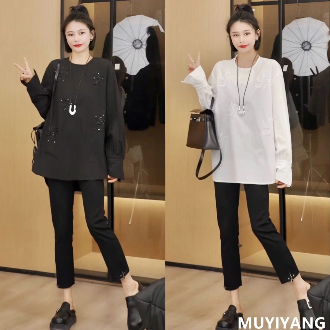 【烟花】小众烟花刺绣百搭圆领高定版宽松衬衣 衣长76 25-015#