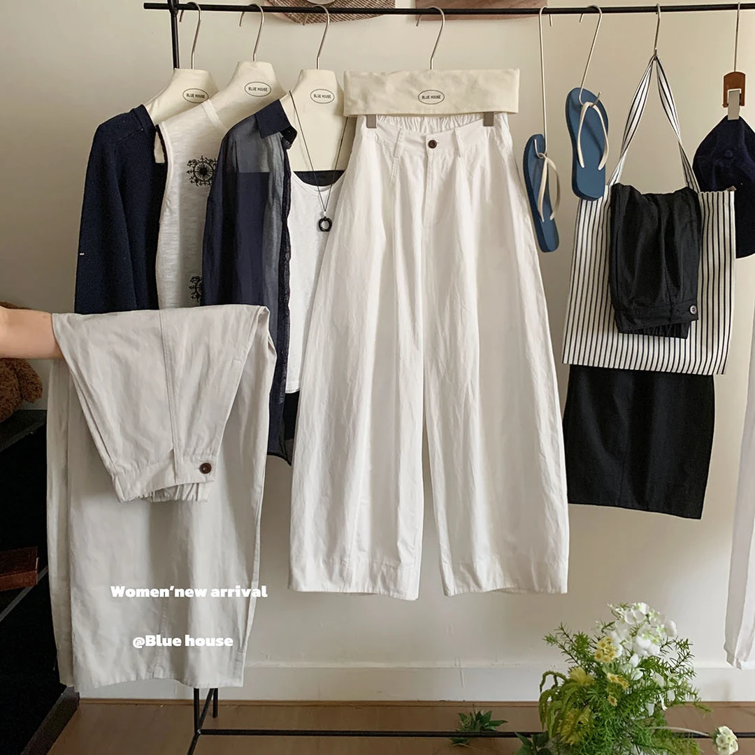 松驰感水洗花苞气球阔腿裤女夏宽松遮肉分割线拼白色弯刀休闲裤