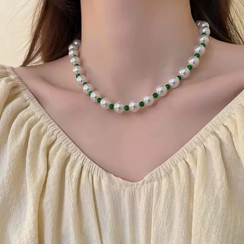 合金仿珍珠项链 新款瑙石大小串珠轻奢百搭冷光白