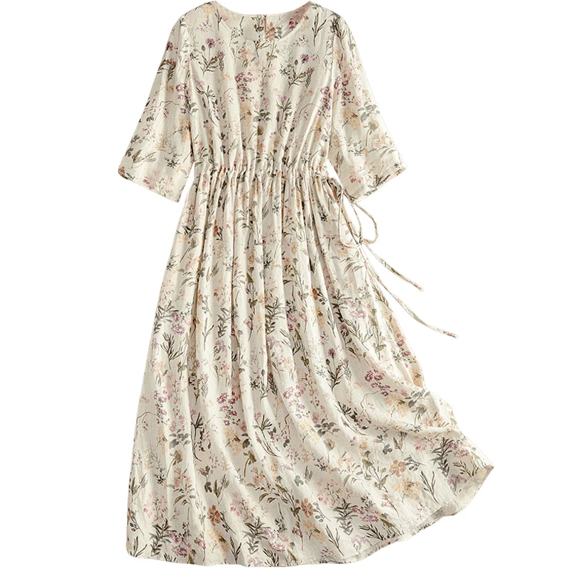 丝柏舍2025夏装新款女装优雅高腰圆领套头碎花连衣裙S51R0813L