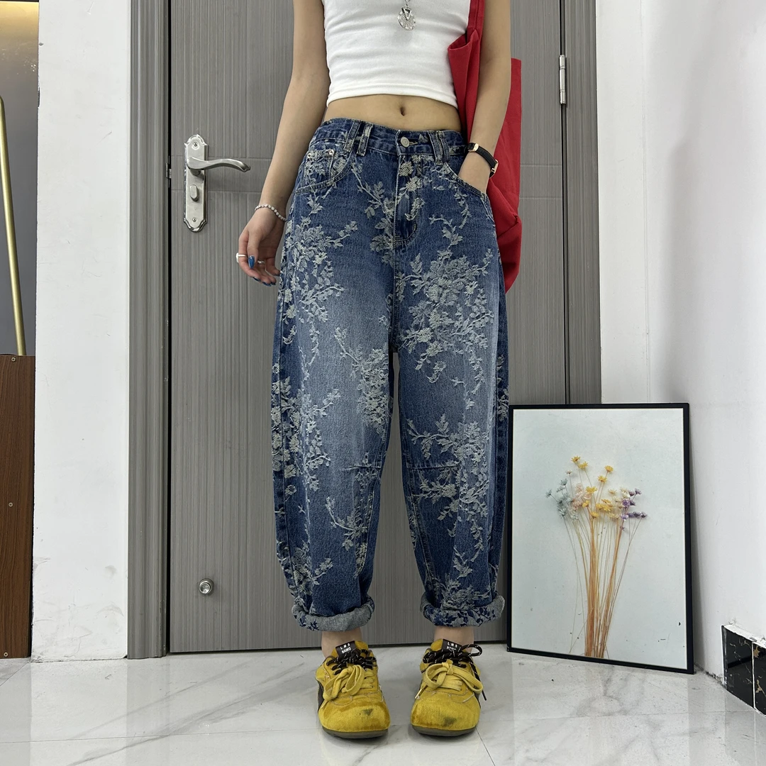 夏季新款9211提花老爹裤显瘦百搭女士牛仔裤复古阔腿水洗