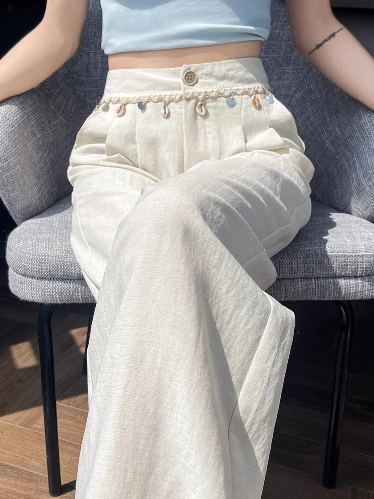 亚麻西装裤女夏季薄款高腰垂感直筒小个子冰丝阔腿裤