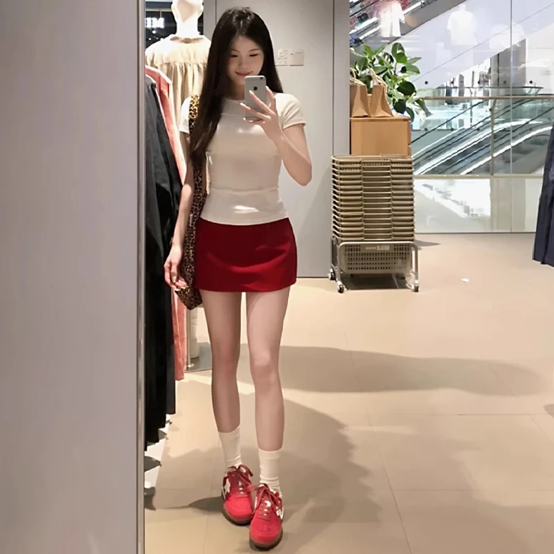 红色辣妹包臀裙女夏2025新款高腰修身显瘦防走光美式复古a字短裙