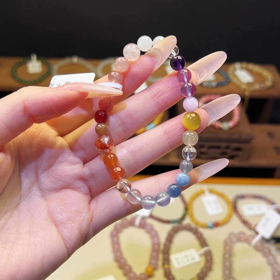 水晶手链银S925镶嵌彩虹多宝