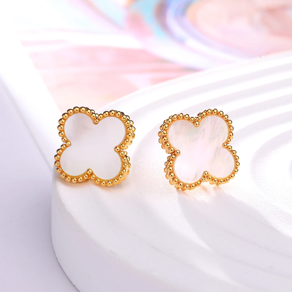 【双12米米专属】18k金贝壳（贝母）四叶耳钉 13mm清新姐妹繁星华丽