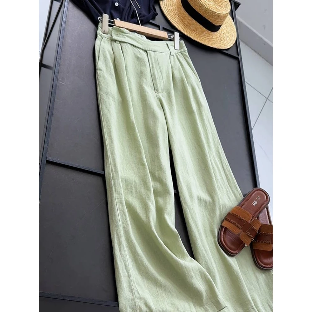 超舒适新款纯色高腰设计感亚麻直筒休闲阔腿裤