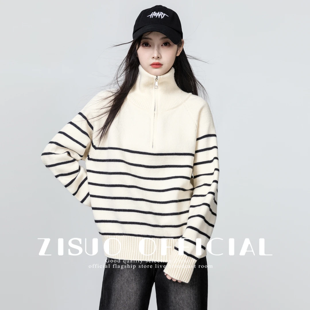 条纹半拉链高领毛衣女2024秋冬新款宽松慵懒风加厚翻领针织衫上衣