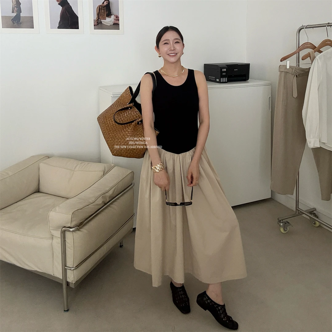 widelia夏季7302法式气质收腰无袖背心拼接褶皱大裙摆连衣裙长裙