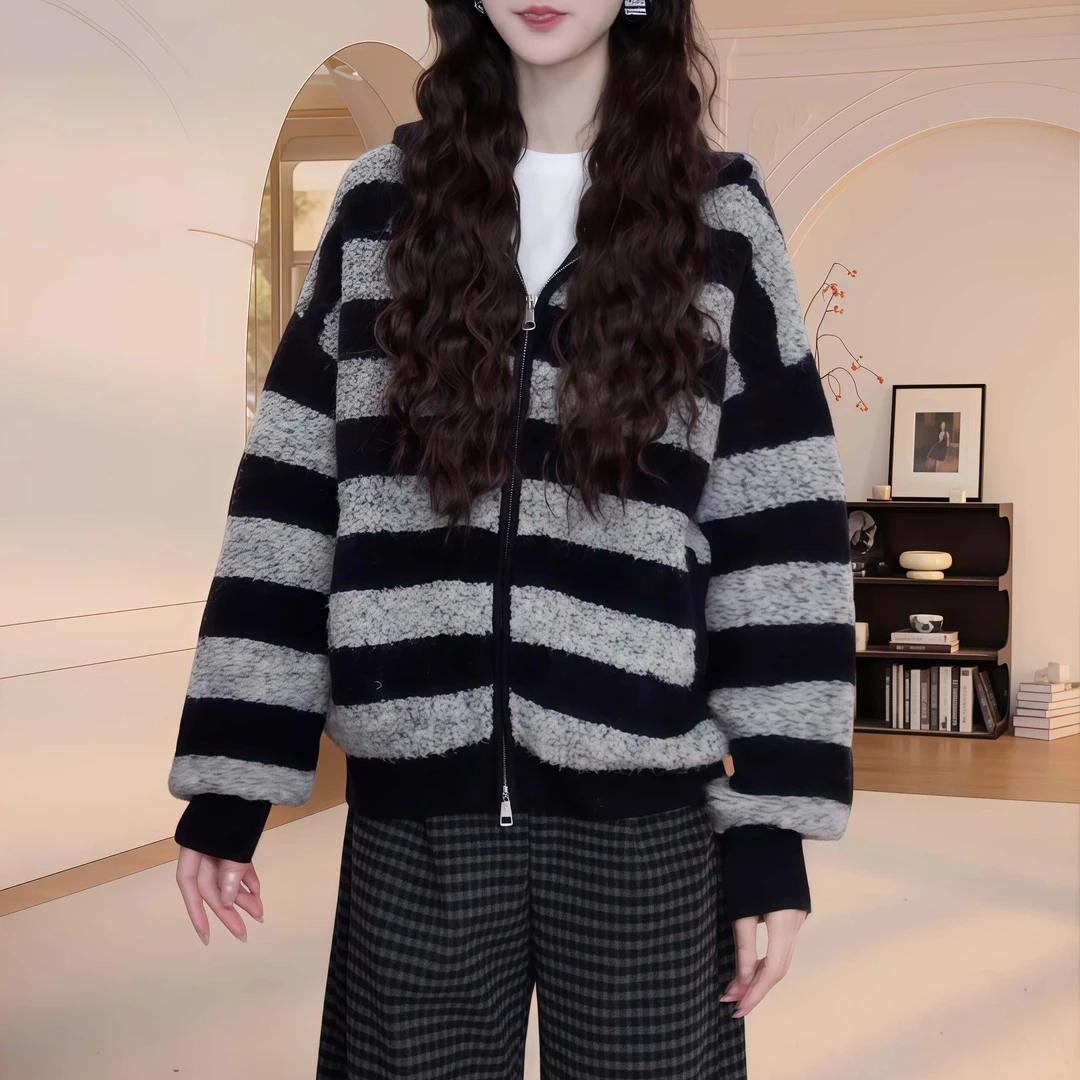 秋冬条纹长袖连帽针织衫毛衣女2025拉链开衫拉链宽松保暖拼色上衣
