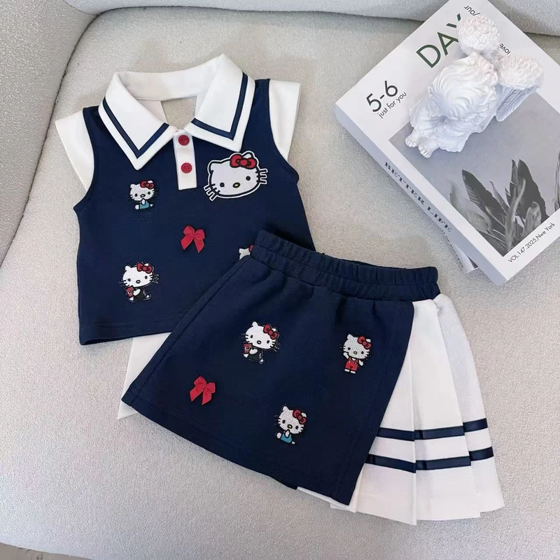 女童无袖半身裙套装2025新款夏季儿童卡通polo领学院风百褶裙洋气