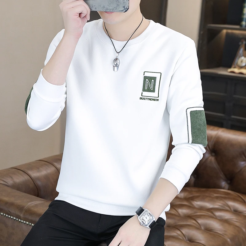森铂男士秋季新款刺绣休闲卫衣简约撞色百搭潮流圆领长袖上衣1155