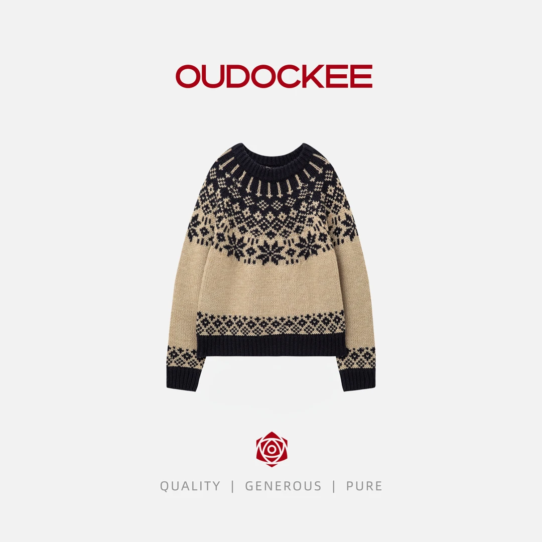 OUDOCKEE 鸥鸥 【绵羊毛】复古毛衣 圆领套头提花毛衣 M2503G447T