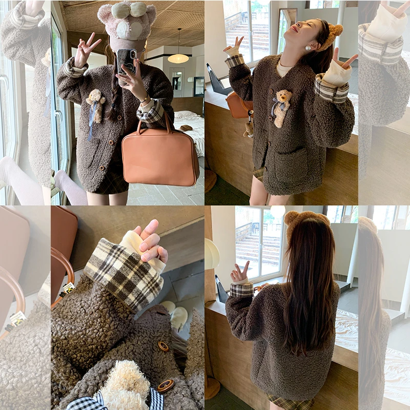 曾小咸 韩版咖色慵懒风小熊开衫上衣女冬宽松显瘦外套Z244WP3318