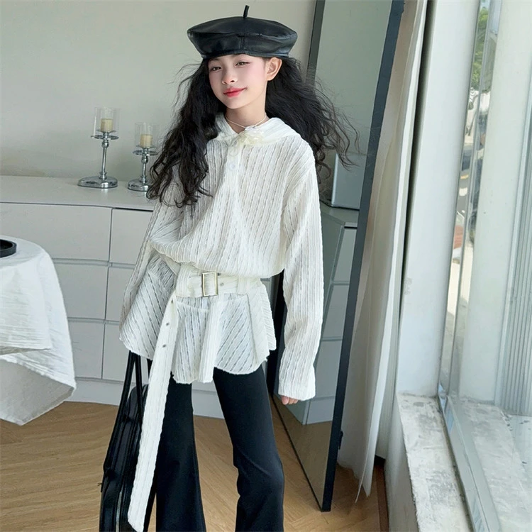 女童早秋韩系穿搭套装2025中大童重工蕾丝设计感上衣修身喇叭裤子
