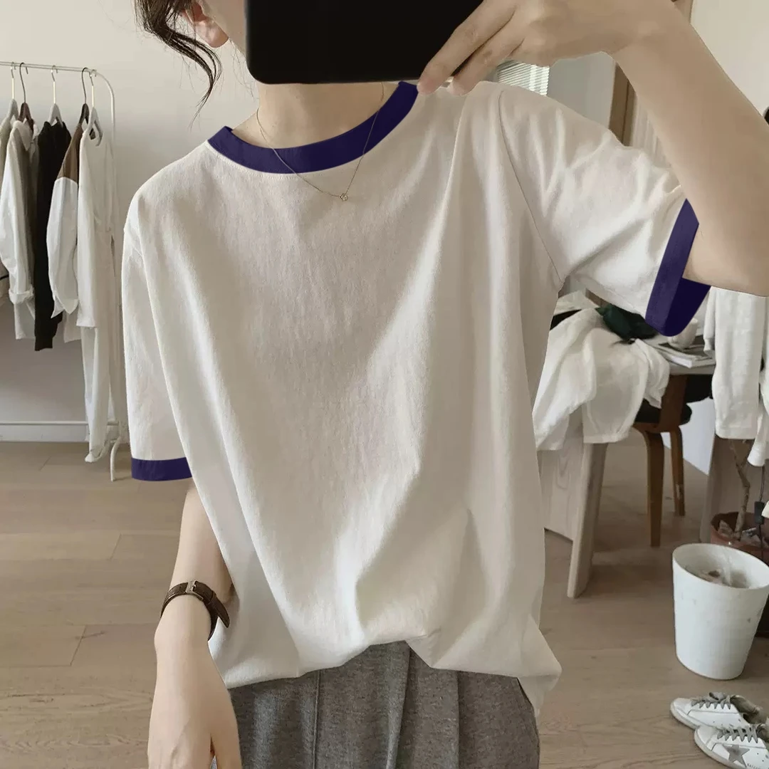 高品质白色短袖t恤女新撞色宽松休闲纯棉正肩大码休闲体恤衫上衣