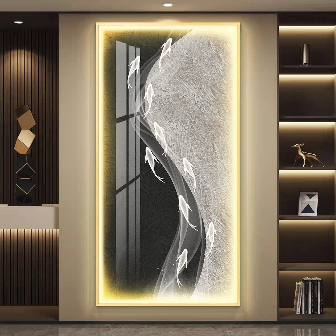 九鱼玄关装饰画轻奢大气走廊墙壁挂画Led灯黑白入户正对门壁画