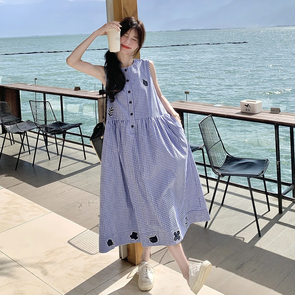 日系初恋蓝色格子无袖连衣裙女夏季甜美森系小个子宽松小清新裙子