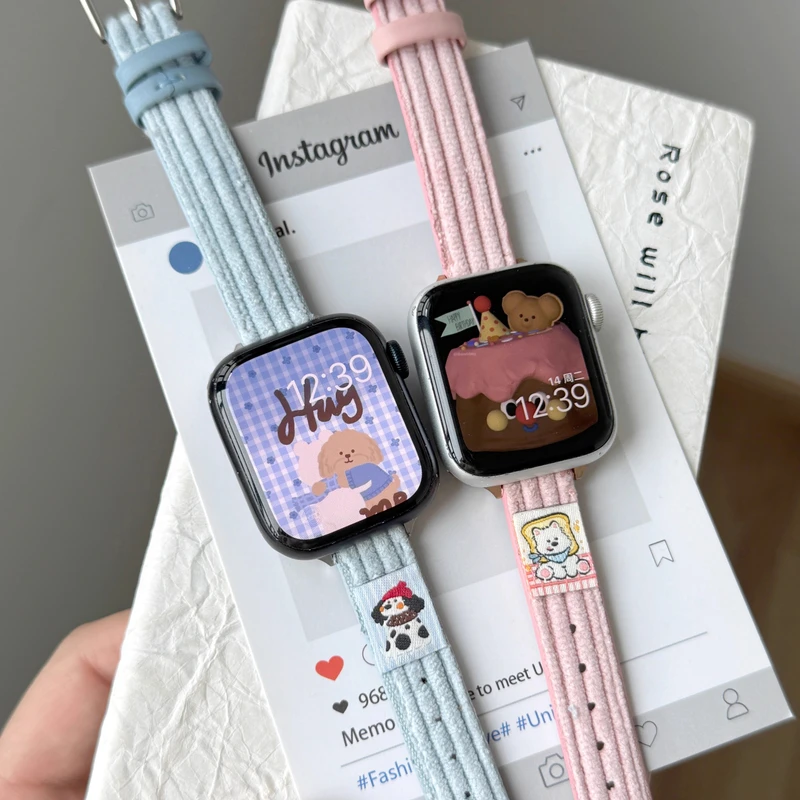 适用苹果手表带ApplewatchS10小蛮腰皮质拼灯芯绒iwatch98se2可爱