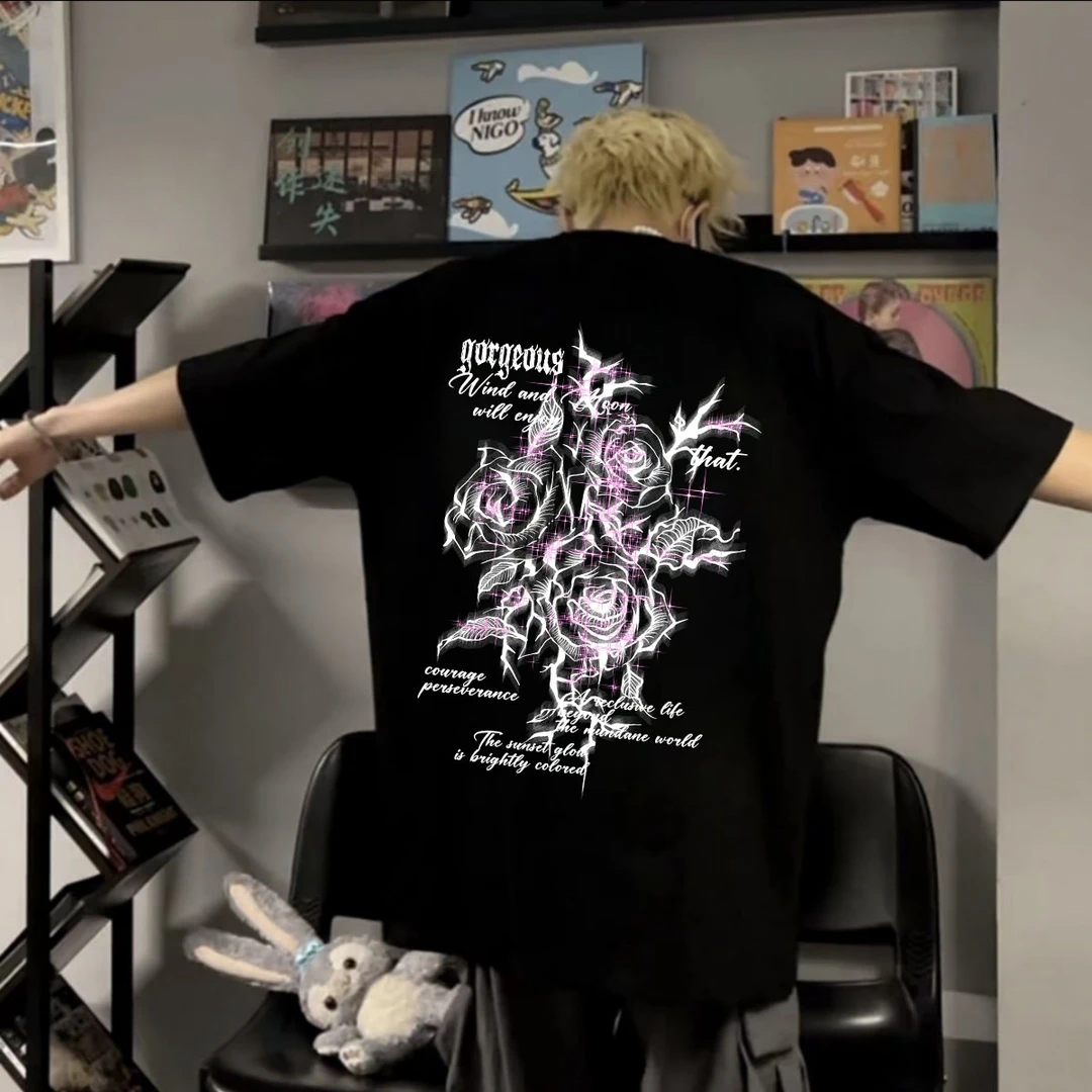 重磅纯棉美式短袖T恤男夏季复古潮流玫瑰印花ins个性宽松圆领上衣