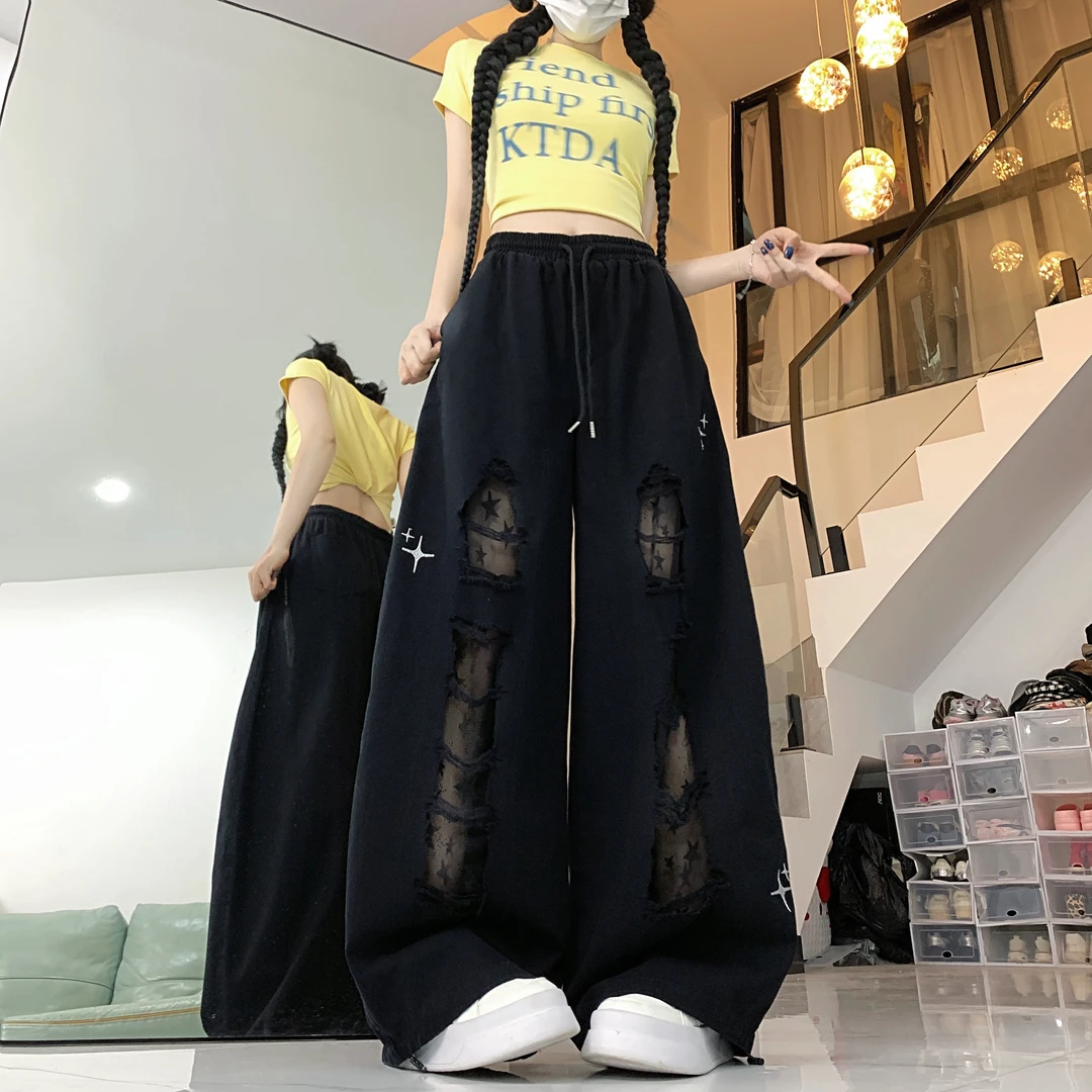浮世街舞潮牌贴布破洞牛仔裤女跳舞长裤设计感爵士辣妹白色裙子
