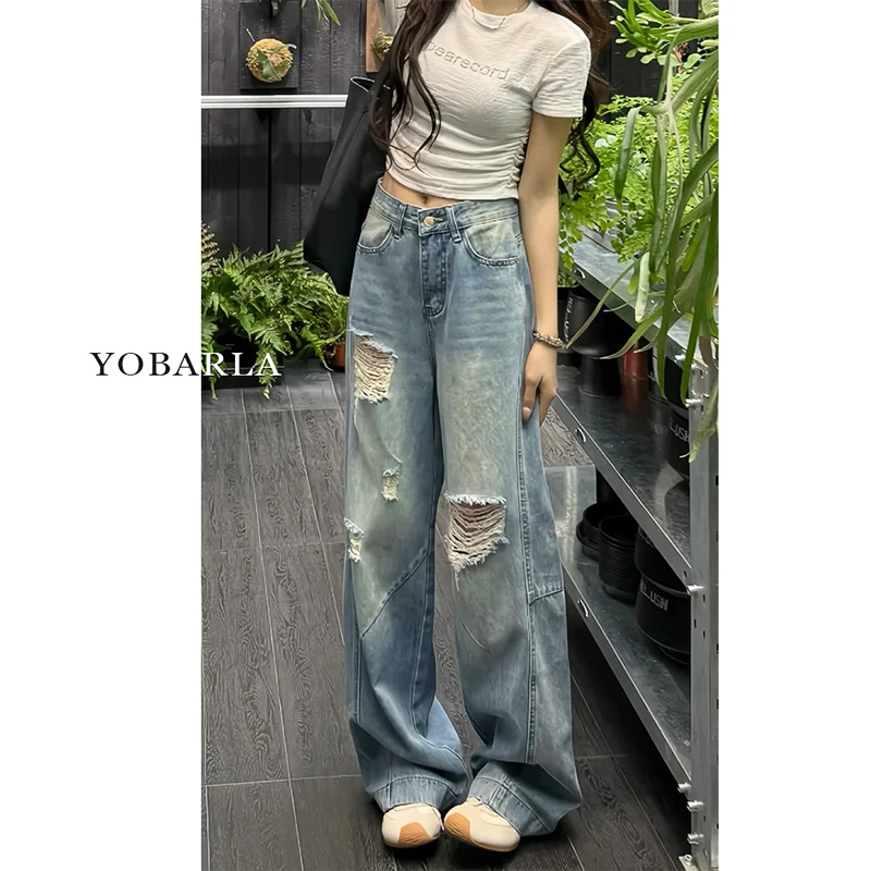 蓝色破洞直筒牛仔裤女秋冬新款高腰大码宽松显瘦梨型身材阔腿裤