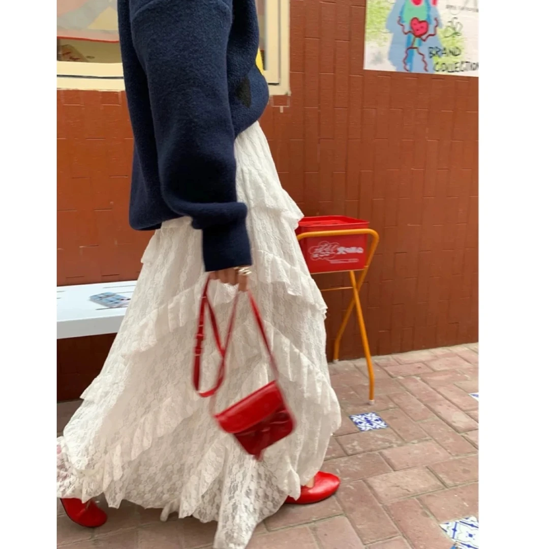 法式拼接斜纹高腰白色蕾丝半身裙女早春松紧腰显瘦网纱a字长裙