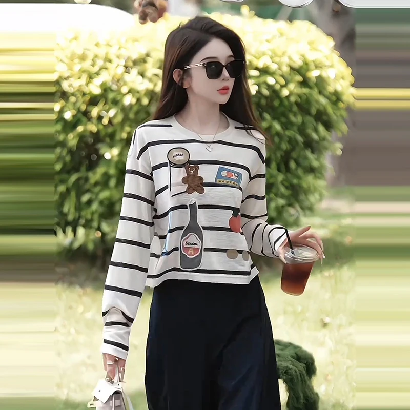 欧货圆领条纹卡通涂鸦长袖T恤女2025夏季新款宽松显瘦百搭上衣潮