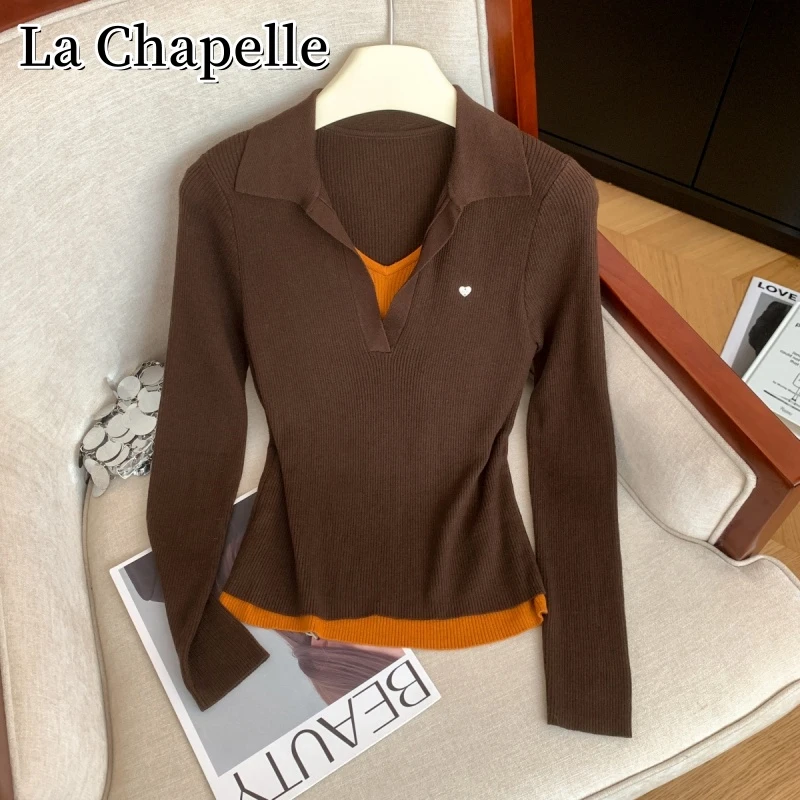 拉夏贝尔秋季翻领设计感刺绣假两件针织衫女百搭显瘦打底长袖上衣