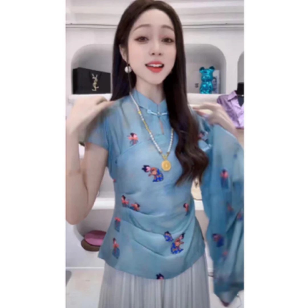 国风收腰立领小飞袖新中式短袖夏季新款复古民族风时尚上衣短款