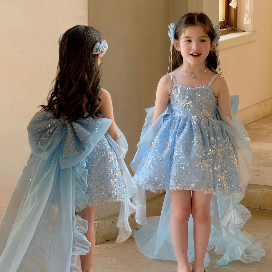 八音盒蓝色艾莎女蓬蓬裙夏季公主风连衣裙公主裙吊带裙蕾丝童装