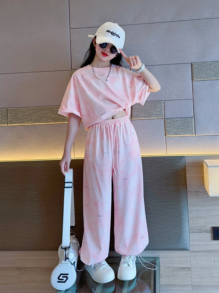 女童套装夏装2025新款大童女孩短袖t恤长裤休闲运动两件套儿童潮