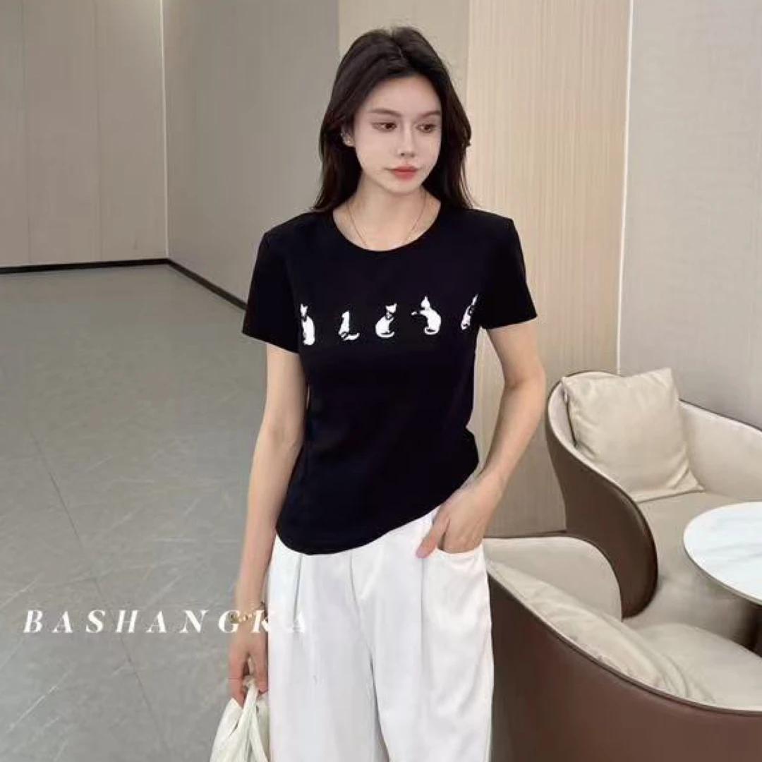 芭尚卡夏款串珠小猫圆领上衣9150