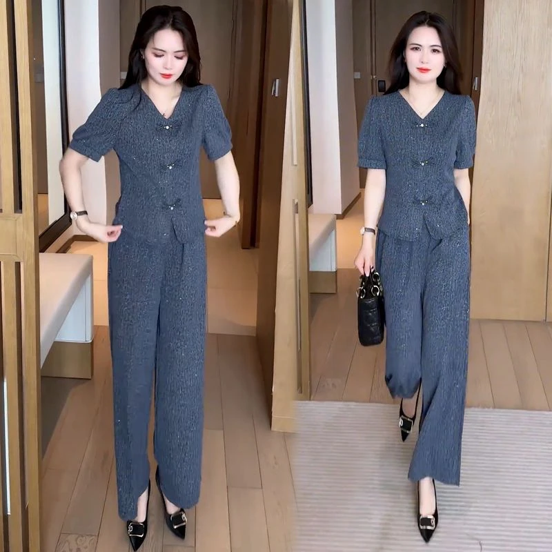 时尚套装女2025夏季新款洋气质收腰显瘦翻领短袖上衣休闲裤两件套