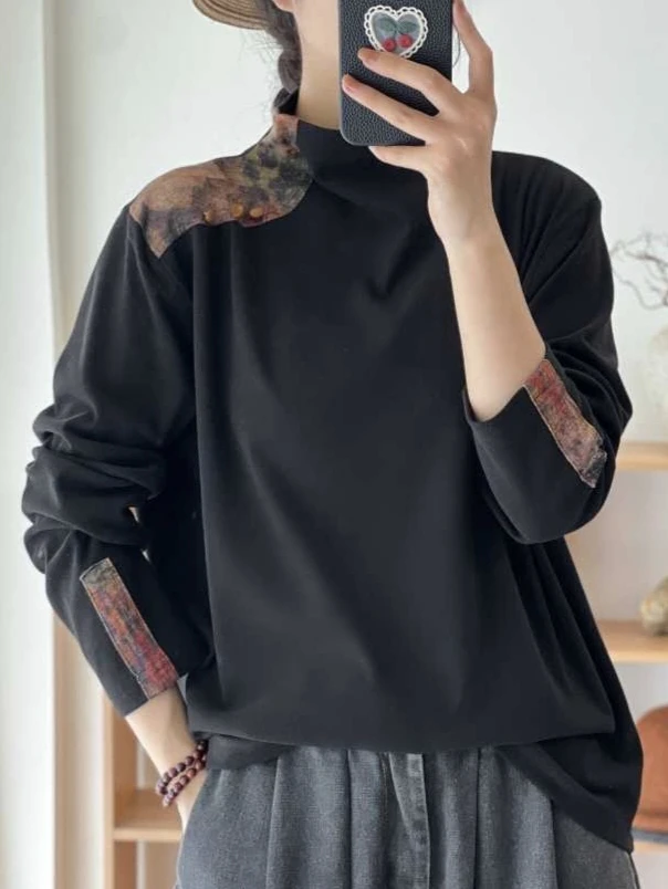 国风文字拼花半高领打底配大衣单穿宽松洋气长袖时尚百搭