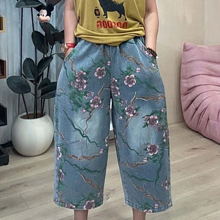 692牛仔印花七分裤大版女裤