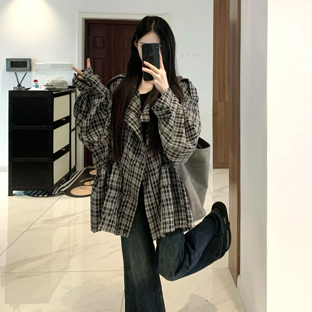 格子宽松开衫外套女春秋2025新款复古小众设计感廓形慵懒工装上衣