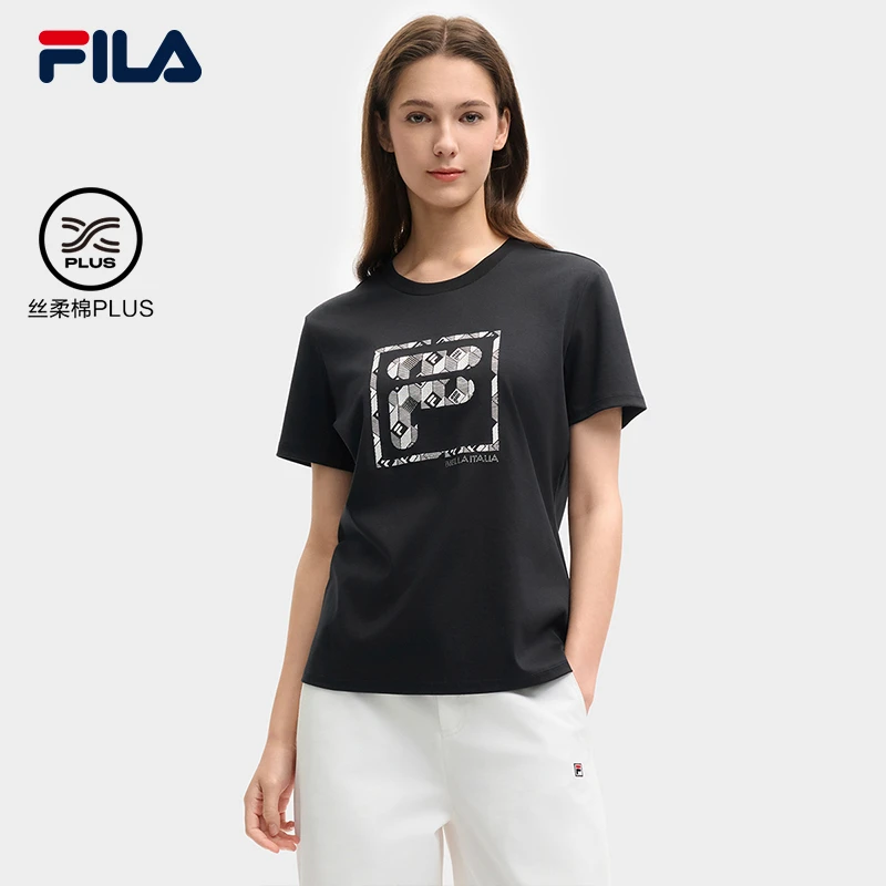 FILA斐乐女子针织短袖衫2025夏新款时尚休闲舒适纯棉圆领T恤