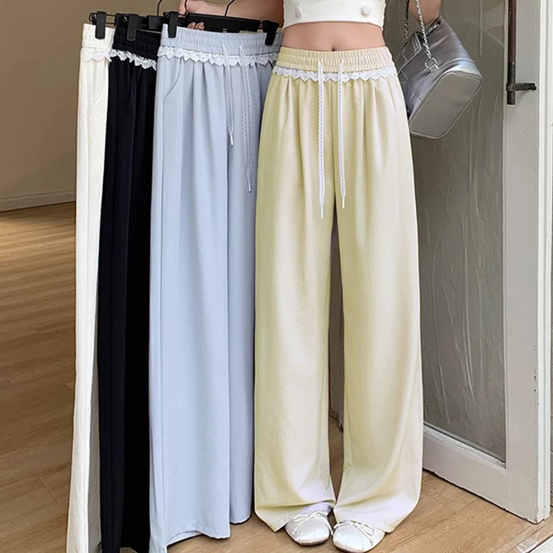 新夏季薄款休闲直筒裤2025新款蕾丝花边山本裤女阔腿裤宽松垂感