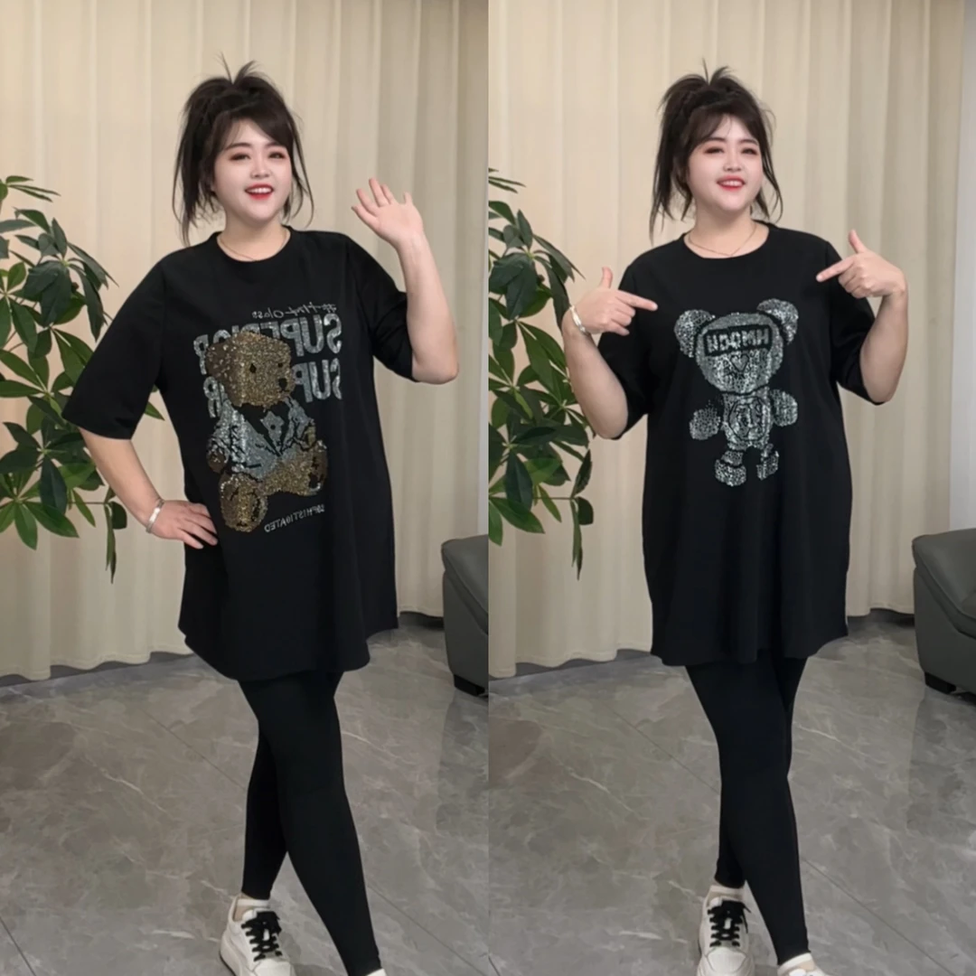 1527、2320大码显瘦中袖重工小熊亮钻T恤裙宽松遮肉气质洋气百搭