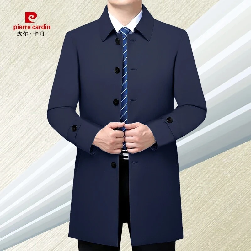 皮尔卡丹男士中长款风衣中年春季薄款商务外套宽松版翻领休闲夹克