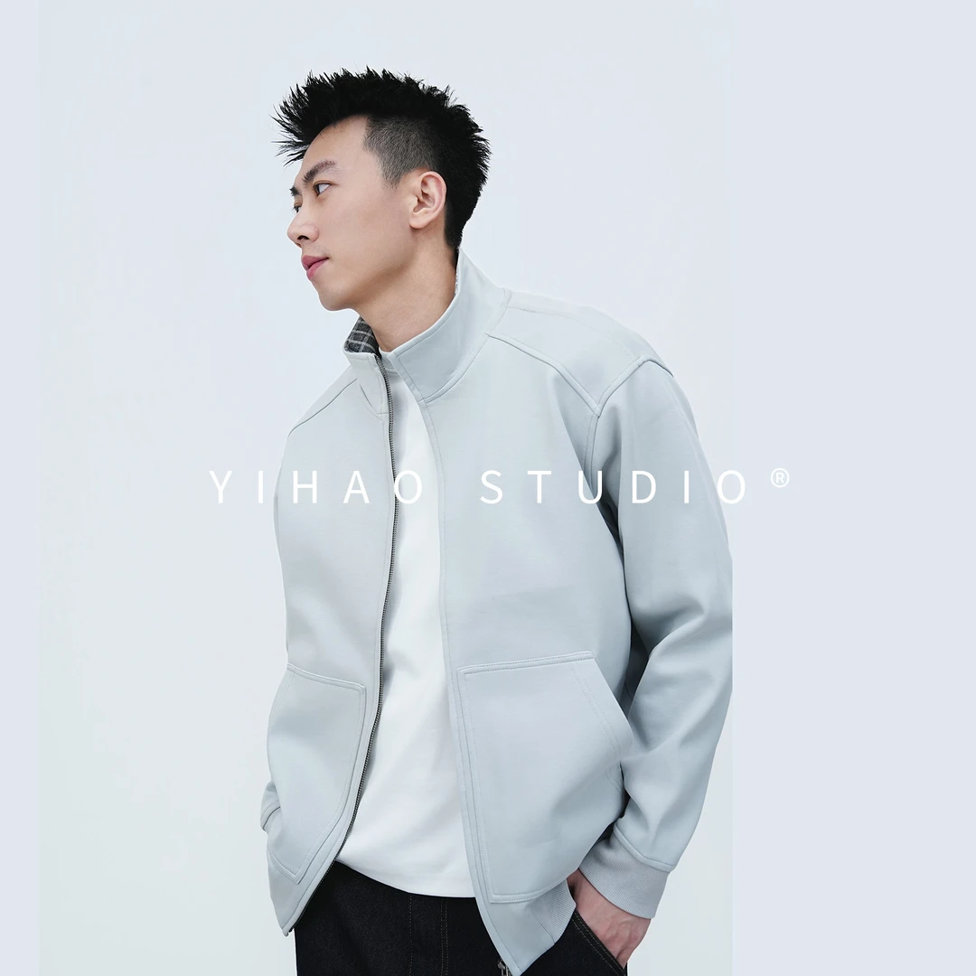 YIHAO STUDIO秋季男款潮流撞色翻领卫衣简约高级休闲保暖夹克外套