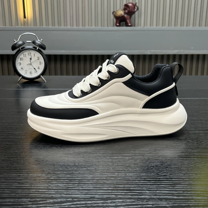 黑白拼色休闲面包潮流内增高厚底时尚休闲鞋板鞋透气秋季真皮男士